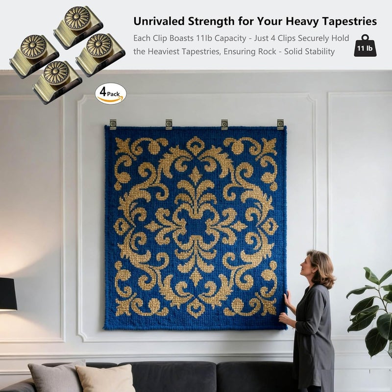 Doselves Tapestry Wall Hanging Clamps 4PCS 1.2x2.0 Textile Art Decoration Hangers Metal Clips for Hanging Rugs Carpet Display (Antique) - Image 4