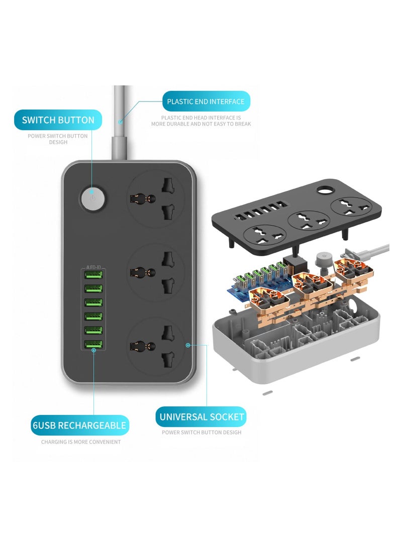 Power Strip with USB Ports，Universal Flat Plug，Power Socket with 6 Quick USB Port (5V 3.4A 17W)  3 Outlets，6.5ft Heavy Duty Extension Cord - Image 2