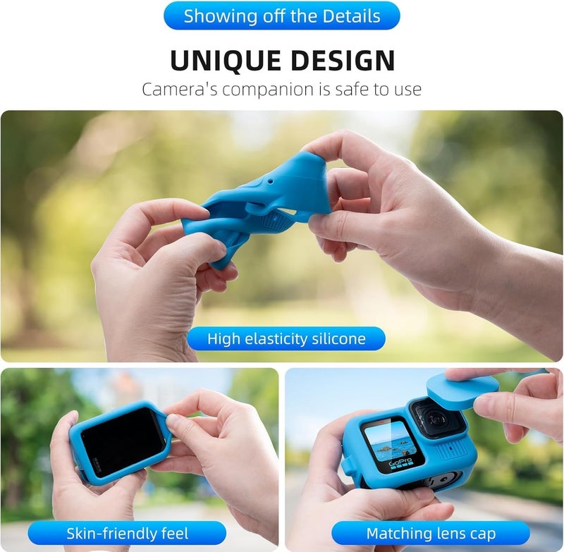 Power Smart غطاء واقي من السيليكون Power Ssmart لكاميرا Gopro Hero 13، غلاف سيليكون مع حبل وكاب عدسة (أزرق) - Image 3