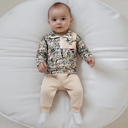 BULINGNA Toddler Baby Boy Hunting Outfit Mallard Duck Camouflage Half Zipper Sweatshirt Solid Pants Set Spring Fall Clothes (Army Green, 6-12 Months) - Image 3