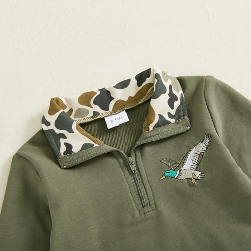 BULINGNA Toddler Baby Boy Hunting Outfit Mallard Duck Camouflage Half Zipper Sweatshirt Solid Pants Set Spring Fall Clothes (Army Green, 6-12 Months) - Image 5
