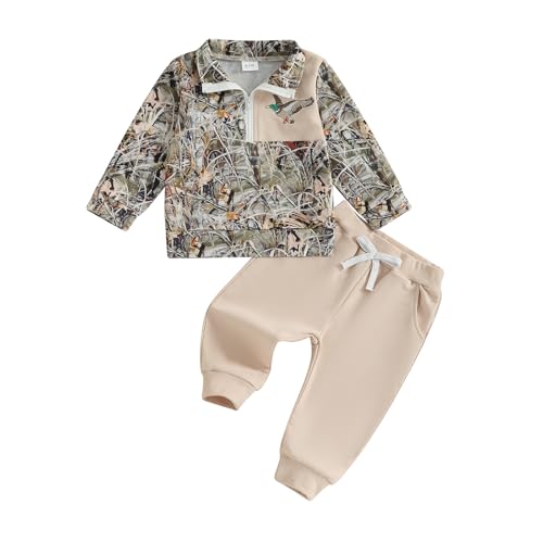 BULINGNA Toddler Baby Boy Hunting Outfit Mallard Duck Camouflage Half Zipper Sweatshirt Solid Pants Set Spring Fall Clothes (Army Green, 6-12 Months) - Image 1