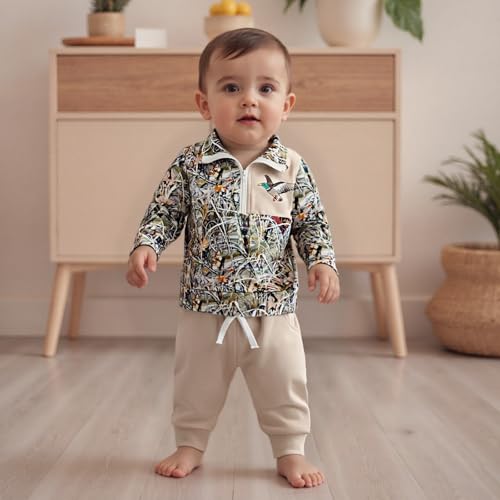 BULINGNA Toddler Baby Boy Hunting Outfit Mallard Duck Camouflage Half Zipper Sweatshirt Solid Pants Set Spring Fall Clothes (Army Green, 6-12 Months) - Image 2