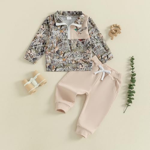 BULINGNA Toddler Baby Boy Hunting Outfit Mallard Duck Camouflage Half Zipper Sweatshirt Solid Pants Set Spring Fall Clothes (Army Green, 6-12 Months) - Image 4