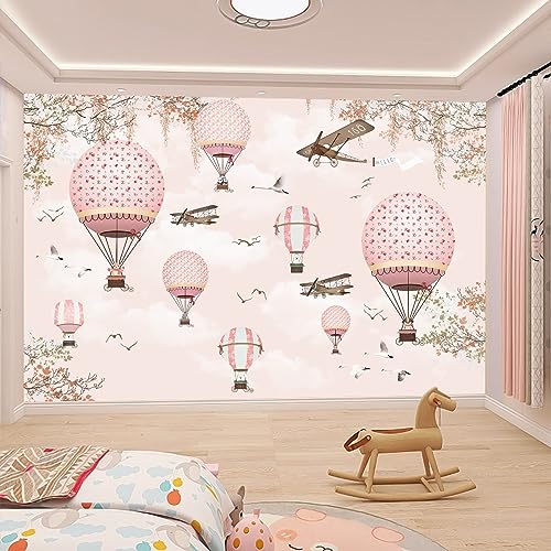 WFBHUA-Hot Air Balloon Wallpaper Mural Cute Animals Airplanes Pink Wallpaper for Nursery Wall Decoration Girls Bedroom Baby Room Kids Room (Not Peel and Stick) - Image 2