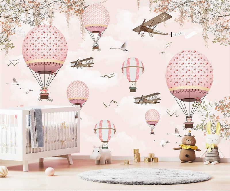 WFBHUA-Hot Air Balloon Wallpaper Mural Cute Animals Airplanes Pink Wallpaper for Nursery Wall Decoration Girls Bedroom Baby Room Kids Room (Not Peel and Stick) - Image 1