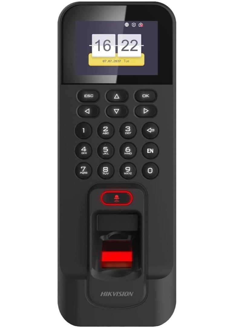 HIKVISION - Hikvision DS-K1T804BMF Pro Series Fingerprint Terminal with 8-Inch Color Touchscreen, Fingerprint & RFID Card Authentication, 2D Barcode Scanning, Face Recognition Capability, TCP/IP & PoE Support, Video Intercom Integration, Anti-Spoofing Technology, 5000 Fingerprint Capacity, 10,000 Card Capacity, and 200,000 Event Storage - Image 1