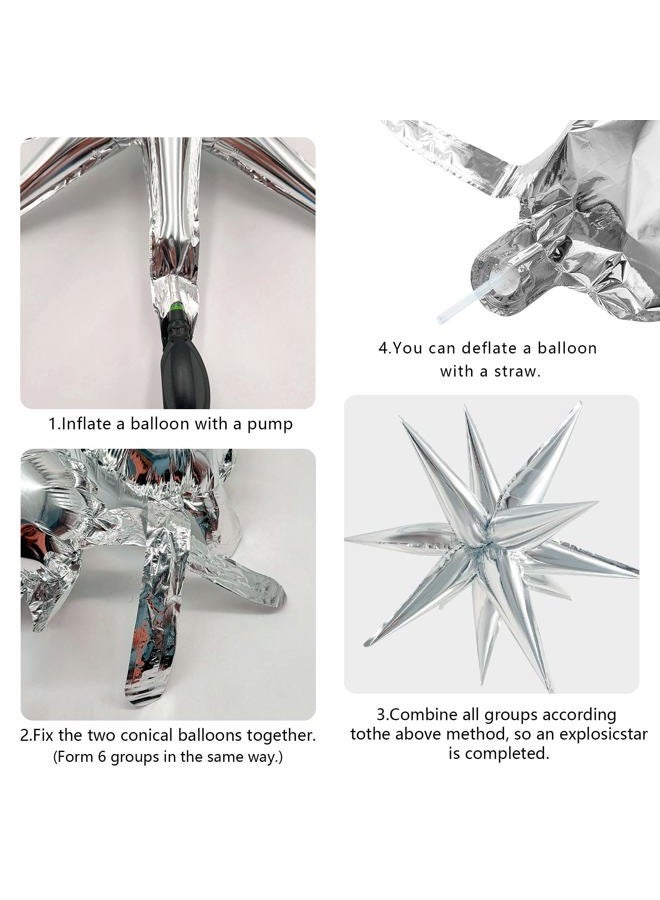 K.E.J. Silver 60 Pcs Starburst Balloons Explosion 12 Point Cone Balloon,Metallic Mylar Spike Balloons for Party Decor,Weddings,Birthday Anniversary Party Backgrounds - Image 3