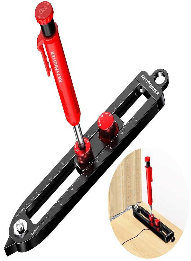 ARTYMASTER Multi-Function Scribing Tool, DIY Woodworking Scriber Line Maker, Portable Aluminum Alloy Woodworking Compass Scriber Tool, Inch Circle Marking Gauge,Deep Hole Carpenter Pencils 6 Refills. - Image 1