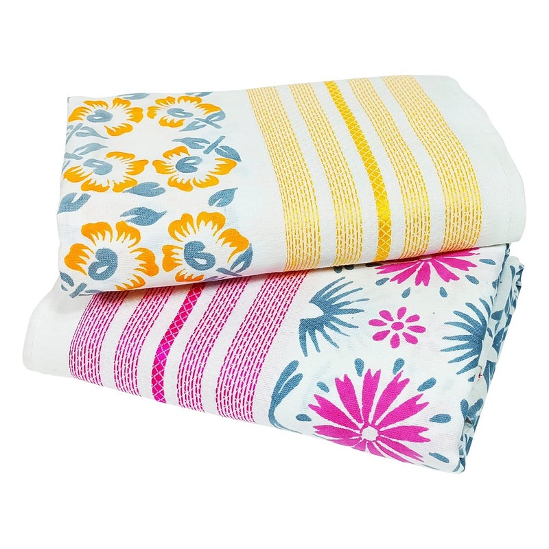 ZAHYA Floral Bath Towel 100 Fine Cotton Large Size Set of 2 Assorted Absorbent Quick Dry Feather Light Super Soft Stitched Border