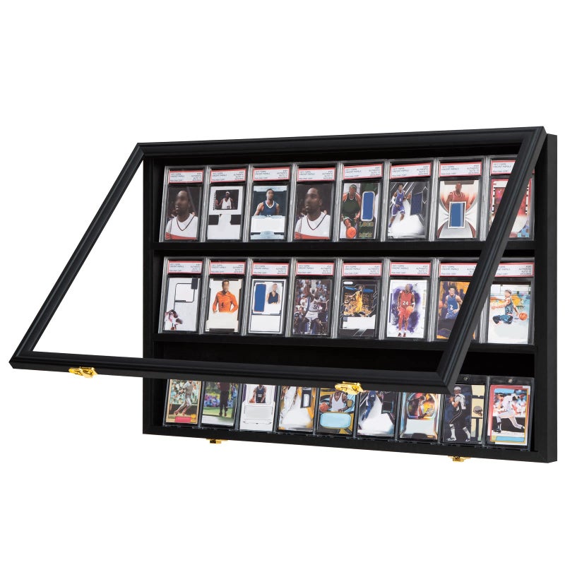Grintus Baseball Card Display Case 24 Graded Sport Card Display Case Wall Mount with Clear View and UV Protection Acrylic Door for Baseball Football Basketball Hockey Trading Card Collection Black