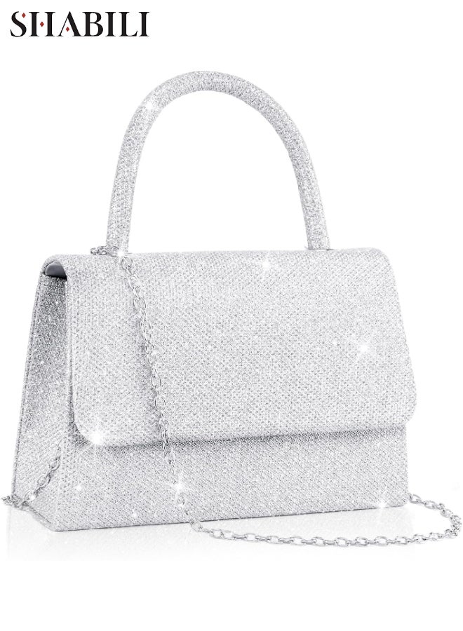 SHABILI Silver Clutch Bag Banquet Bag Tote Bag Handbag Shoulder Bag Carrying Bag Sling Bag Side Bag for Women Ladies Daily Commuter Campus Party Evening Wedding, Rhinestone Purse with Detachable Chain Strap - Image 1