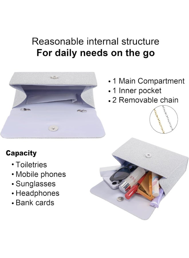 SHABILI Silver Clutch Bag Banquet Bag Tote Bag Handbag Shoulder Bag Carrying Bag Sling Bag Side Bag for Women Ladies Daily Commuter Campus Party Evening Wedding, Rhinestone Purse with Detachable Chain Strap - Image 4