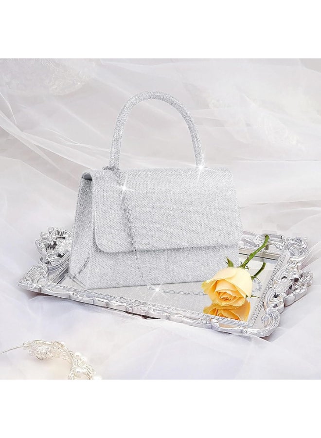 SHABILI Silver Clutch Bag Banquet Bag Tote Bag Handbag Shoulder Bag Carrying Bag Sling Bag Side Bag for Women Ladies Daily Commuter Campus Party Evening Wedding, Rhinestone Purse with Detachable Chain Strap - Image 2