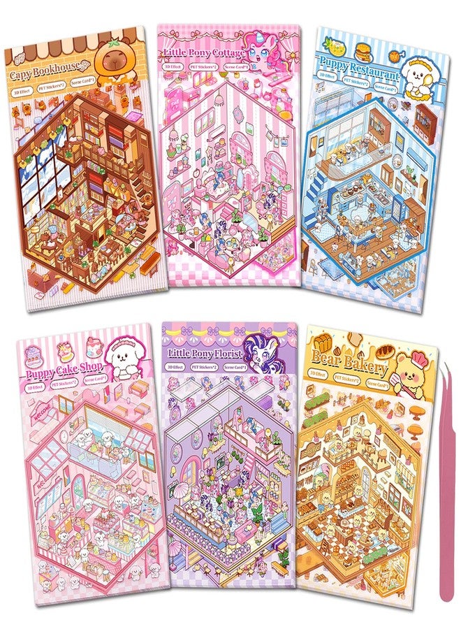 Xuoent DIY 3D Sticker Scene 6 Sets of Stickers for Girls Make Your Own Mini Shop Scenes Stickers for Kids Cute Cartoon Animal Stickers for Adult Relief Stress Pass The Time - Image 1