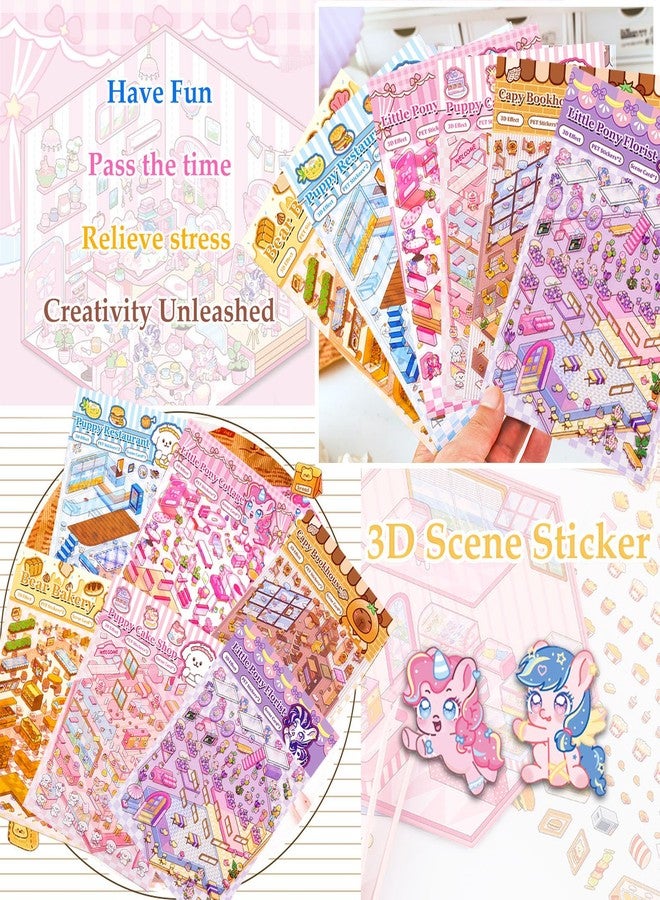 Xuoent DIY 3D Sticker Scene 6 Sets of Stickers for Girls Make Your Own Mini Shop Scenes Stickers for Kids Cute Cartoon Animal Stickers for Adult Relief Stress Pass The Time - Image 3