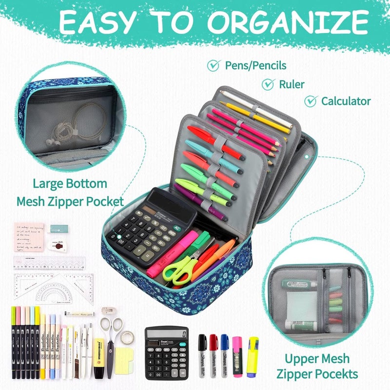 Vaschy Large Pencil Case,VASCHY 72 Slots Marker Organizer Big Pen Pouch Stationery Holder with 3 Layers for Kids Adults Student School Office, Blue Snowflake, One_Size, practical - Image 4