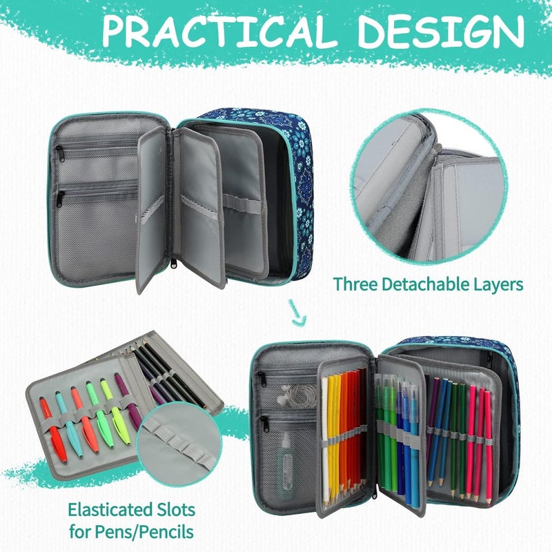 Vaschy Large Pencil Case,VASCHY 72 Slots Marker Organizer Big Pen Pouch Stationery Holder with 3 Layers for Kids Adults Student School Office, Blue Snowflake, One_Size, practical - Image 3