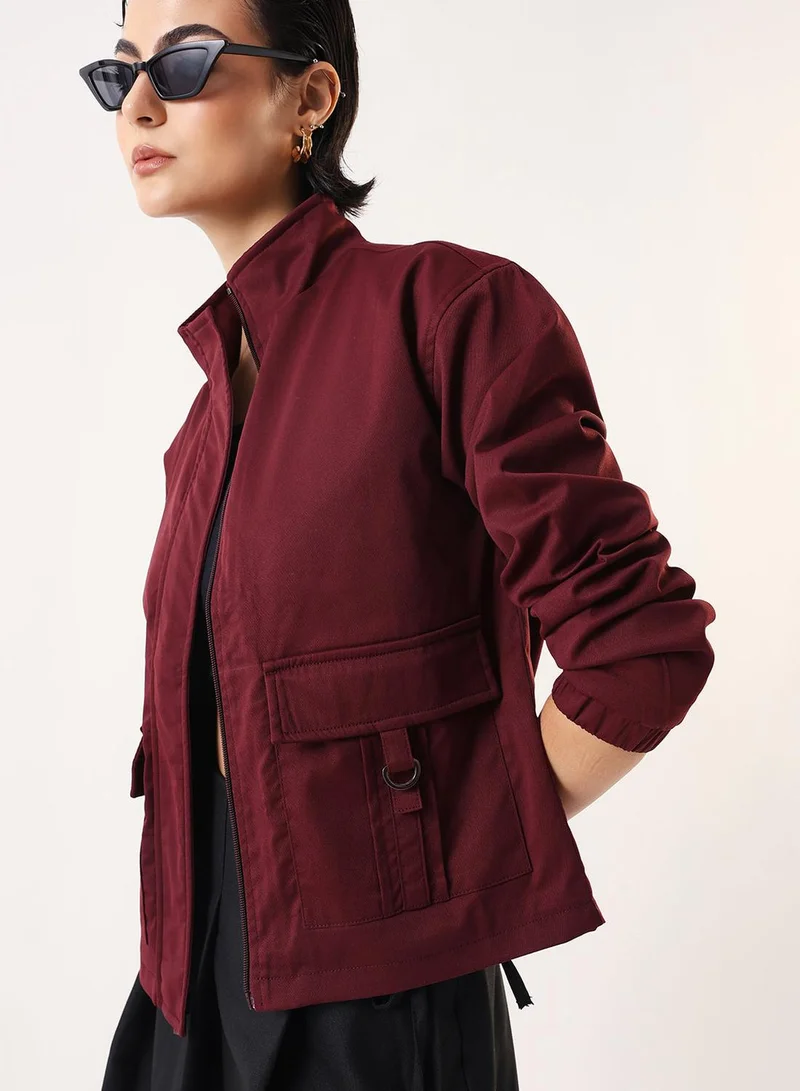 Women's Wine 100% Polyester Solid Bomber Regular Fit Jacket