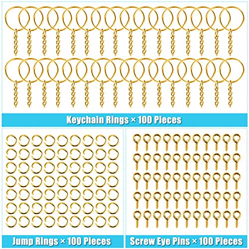 PAXCOO Keychain Rings Kit for Crafts Gold, PAXCOO Includes 100Pcs Split Key Ring with Chain, 100pcs Jump Rings and 100pcs Screw Eye Pins for Resin Keychain Making - Image 3