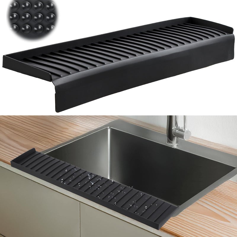AyNirser Sink Edge Protector with Suction Cup 4"x20", Silicone Sink Splash Guard for Kitchen & Bathroom, Protect Countertop from Scratches, Stains, for Stainless Steel Granite Quartz-Black - Image 1