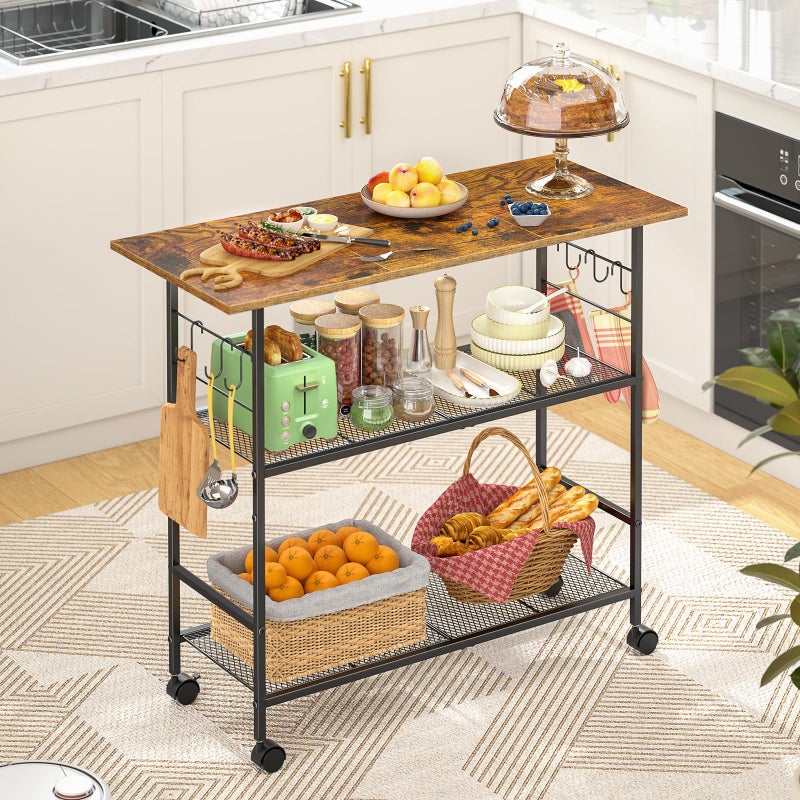 ThreeHio Kitchen Island with 3 Shelves, Rolling Kitchen Cart with 6 Hooks and Protective Shelf, Microwave Stand on Lockable Wheels, Bakers Rack Coffee Bar for Dining, Living Room, Outdoor, Metal Frame - Image 1