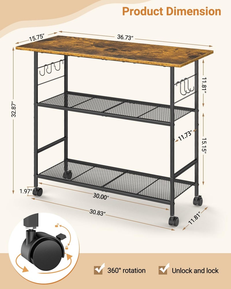 ThreeHio Kitchen Island with 3 Shelves, Rolling Kitchen Cart with 6 Hooks and Protective Shelf, Microwave Stand on Lockable Wheels, Bakers Rack Coffee Bar for Dining, Living Room, Outdoor, Metal Frame - Image 2