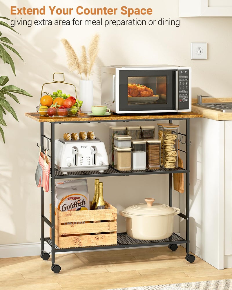 ThreeHio Kitchen Island with 3 Shelves, Rolling Kitchen Cart with 6 Hooks and Protective Shelf, Microwave Stand on Lockable Wheels, Bakers Rack Coffee Bar for Dining, Living Room, Outdoor, Metal Frame - Image 3