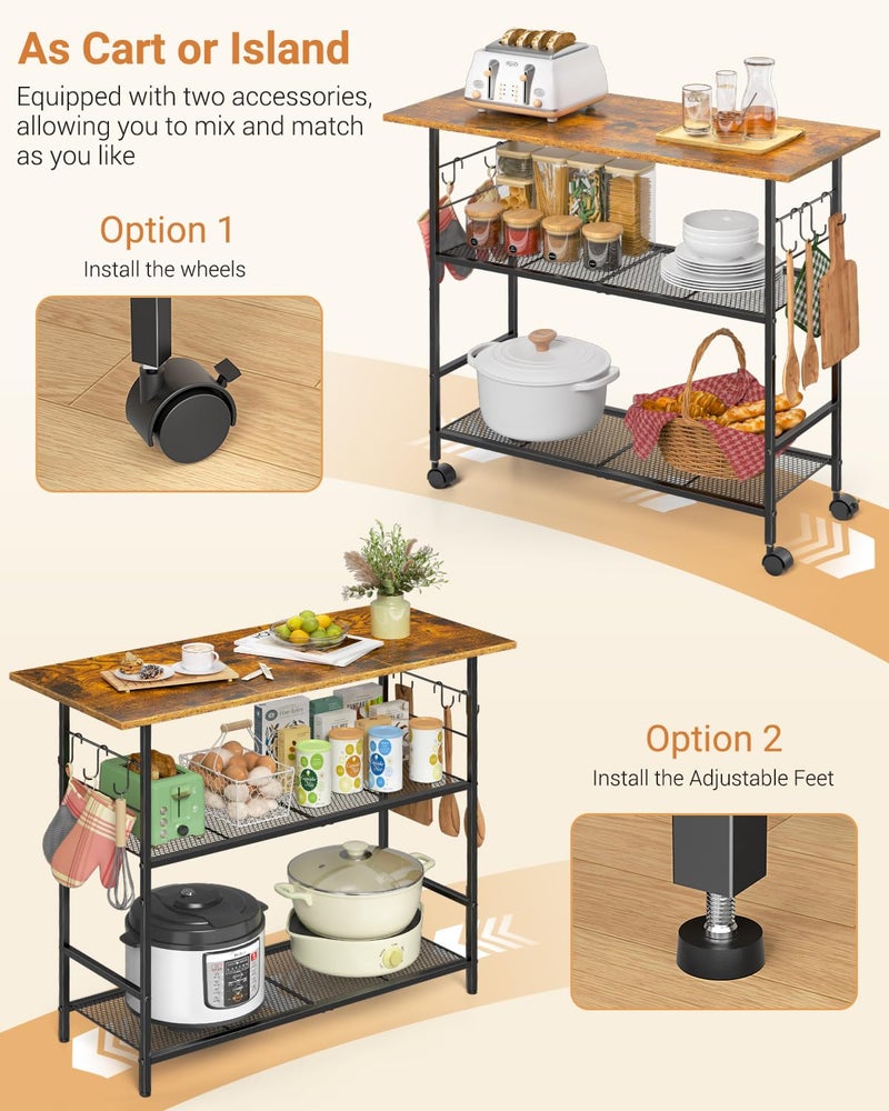 ThreeHio Kitchen Island with 3 Shelves, Rolling Kitchen Cart with 6 Hooks and Protective Shelf, Microwave Stand on Lockable Wheels, Bakers Rack Coffee Bar for Dining, Living Room, Outdoor, Metal Frame - Image 5
