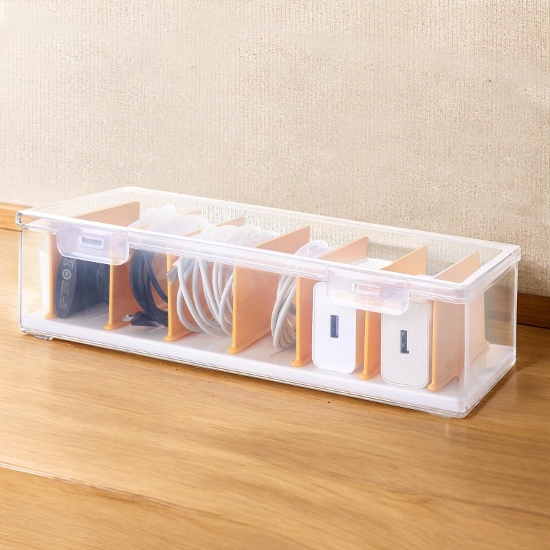 PAVSTINE Clear Cable Organizer Box with Lid, Plastic Charger Cable Cord Storage Organizer, Office Desk Organizers, Multifunctional Accessories Storage for Home Drawer Office, Stackable, Clear - Image 1