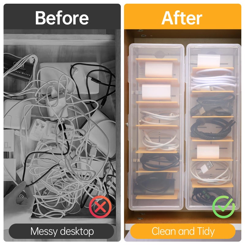 PAVSTINE Clear Cable Organizer Box with Lid, Plastic Charger Cable Cord Storage Organizer, Office Desk Organizers, Multifunctional Accessories Storage for Home Drawer Office, Stackable, Clear - Image 4