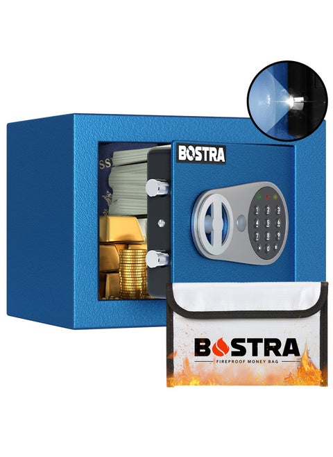 Bostra Fireproof Safe Box with Sensor Light & Fireproof Bag, Money Safe Box with Digital Keypad,Security Safe Box for Home, 0.23 Cubic Small Safe with Keys & Pass Code for Cash Jewelry Blue