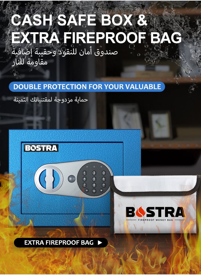 Bostra Fireproof Safe Box with Sensor Light & Fireproof Bag, Money Safe Box with Digital Keypad,Security Safe Box for Home, 0.23 Cubic Small Safe with Keys & Pass Code for Cash Jewelry Blue