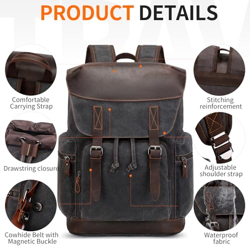 NerIion Nerlion Leather Backpack for Men Waxed Canvas Laptop Backpack 17.3 Inch Rucksack Vintage Travel Backpack (Black) - Image 4