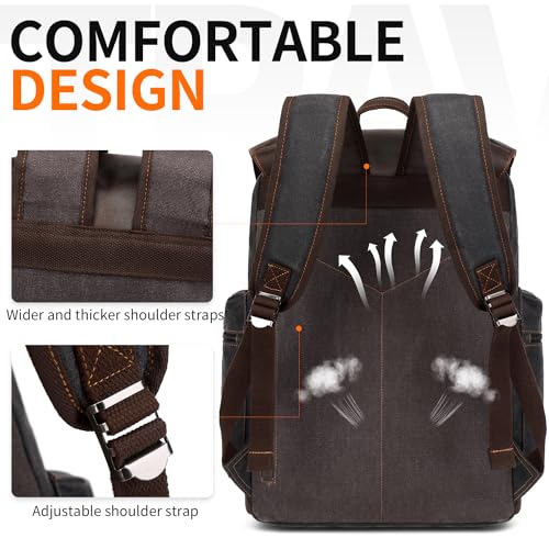 NerIion Nerlion Leather Backpack for Men Waxed Canvas Laptop Backpack 17.3 Inch Rucksack Vintage Travel Backpack (Black) - Image 5