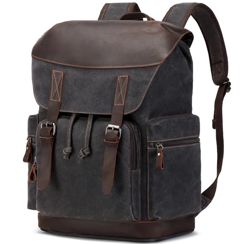 NerIion Nerlion Leather Backpack for Men Waxed Canvas Laptop Backpack 17.3 Inch Rucksack Vintage Travel Backpack (Black) - Image 1