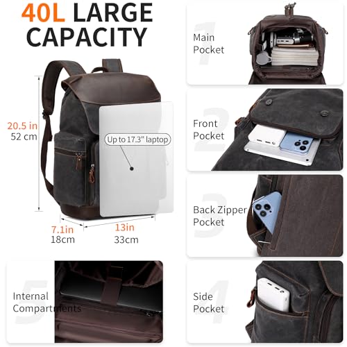 NerIion Nerlion Leather Backpack for Men Waxed Canvas Laptop Backpack 17.3 Inch Rucksack Vintage Travel Backpack (Black) - Image 3