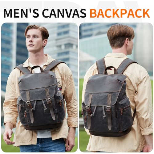 NerIion Nerlion Leather Backpack for Men Waxed Canvas Laptop Backpack 17.3 Inch Rucksack Vintage Travel Backpack (Black) - Image 2