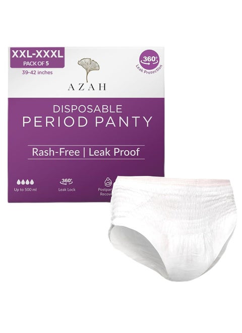Azah Period Panty for Girls [2XL-3XL], Pack of 5] | Leak Proof & Rash Free | Disposable Period Panty for Women Heavy Flow | 12 Hrs Protection | Super Absorbent 360° Coverage | All Night Protection