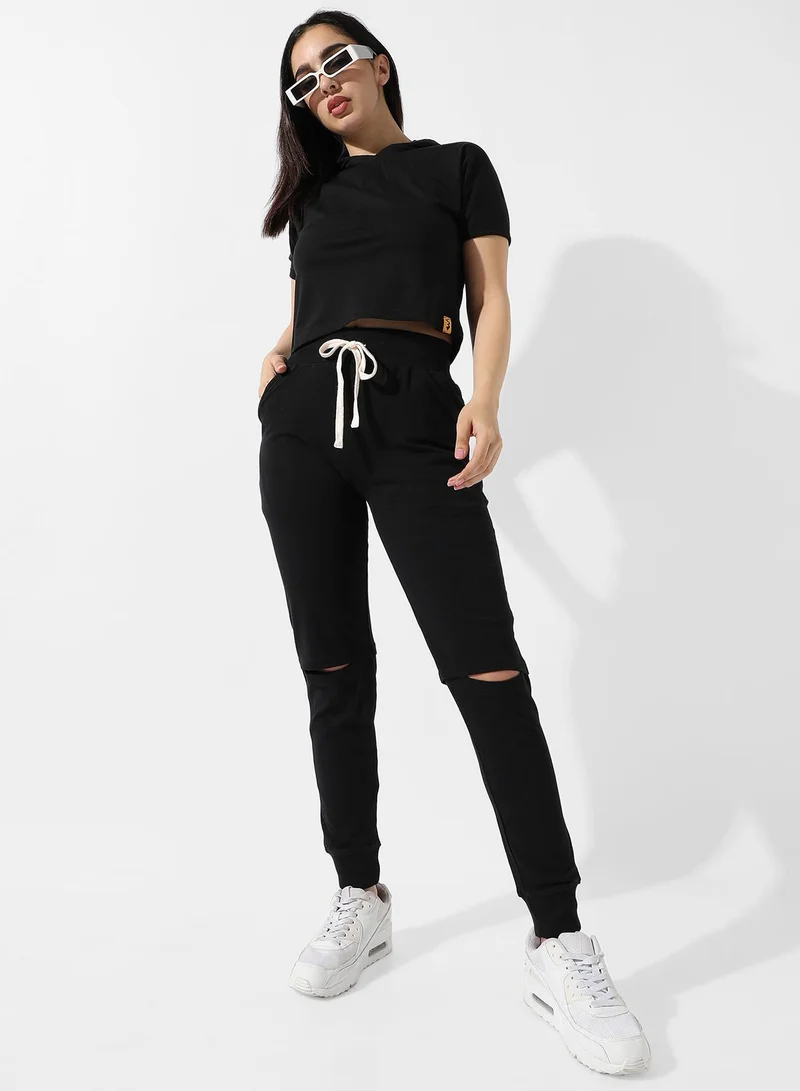 Campus Sutra Women's Solid Black Slashed-Knee Trackpants