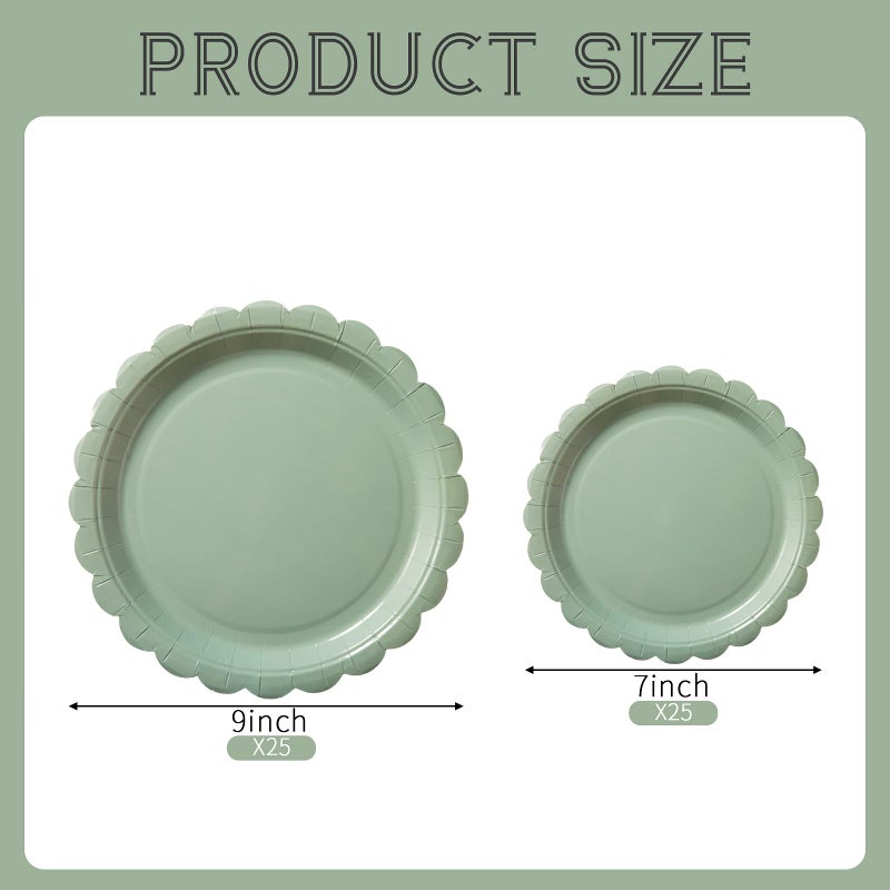 BEFORYOU 50PCS Scalloped Disposable Paper Plates Dessert Cake Party Plates for Baby Shower, Wedding,Bridal Shower Birthday Party Supplies (Sage-Green, 9IN) - Image 2