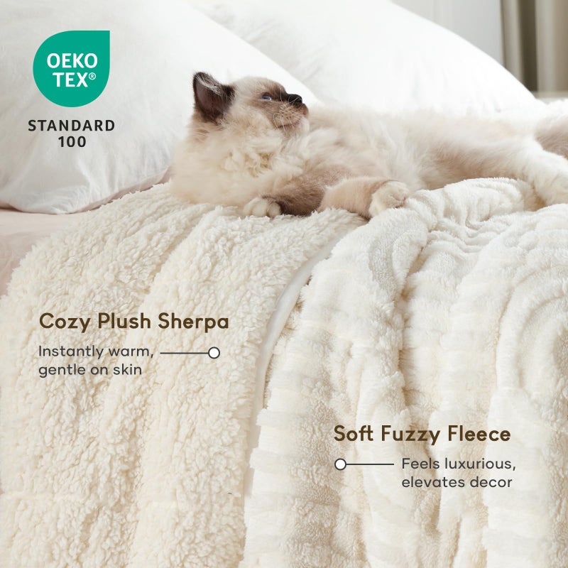 Cottonblue Weighted Blanket for Adults 15 lbs Twin Size, Soft Fluffy Sherpa Fleece Jacquard Weighted Throw Blankets 48" x 72" for Sleep Relax, Fuzzy Warm Arch Heavy Blanket for Bed Couch, Cream White - Image 3