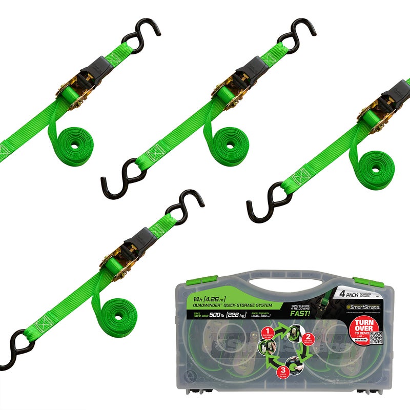 SMARTSTRAPS - 101W QuadWinder 14’ Padded Ratchet Tie Down, Green (4pk) - Patented Self-Loading Storage Case - 1,500lb Break Strength, 500lb Safe Work Load – Haul Lighter Loads Like ATV’s, Mowers and More - Image 1