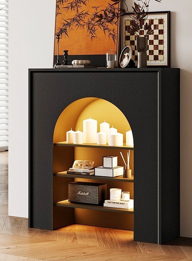 سي آند سي هوم رف كونسول عصري مزخرف بإطار أسود مقوس محكم، وإضاءة LED محيطة دافئة، وأرفف تخزين متعددة المستويات، ومساحة عرض أنيقة للديكور المنزلي والشموع والإكسسوارات 90 × 20 × 100 سم. - Image 1