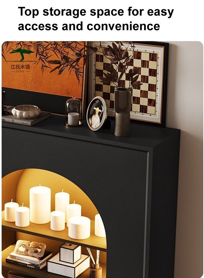 سي آند سي هوم رف كونسول عصري مزخرف بإطار أسود مقوس محكم، وإضاءة LED محيطة دافئة، وأرفف تخزين متعددة المستويات، ومساحة عرض أنيقة للديكور المنزلي والشموع والإكسسوارات 90 × 20 × 100 سم. - Image 4