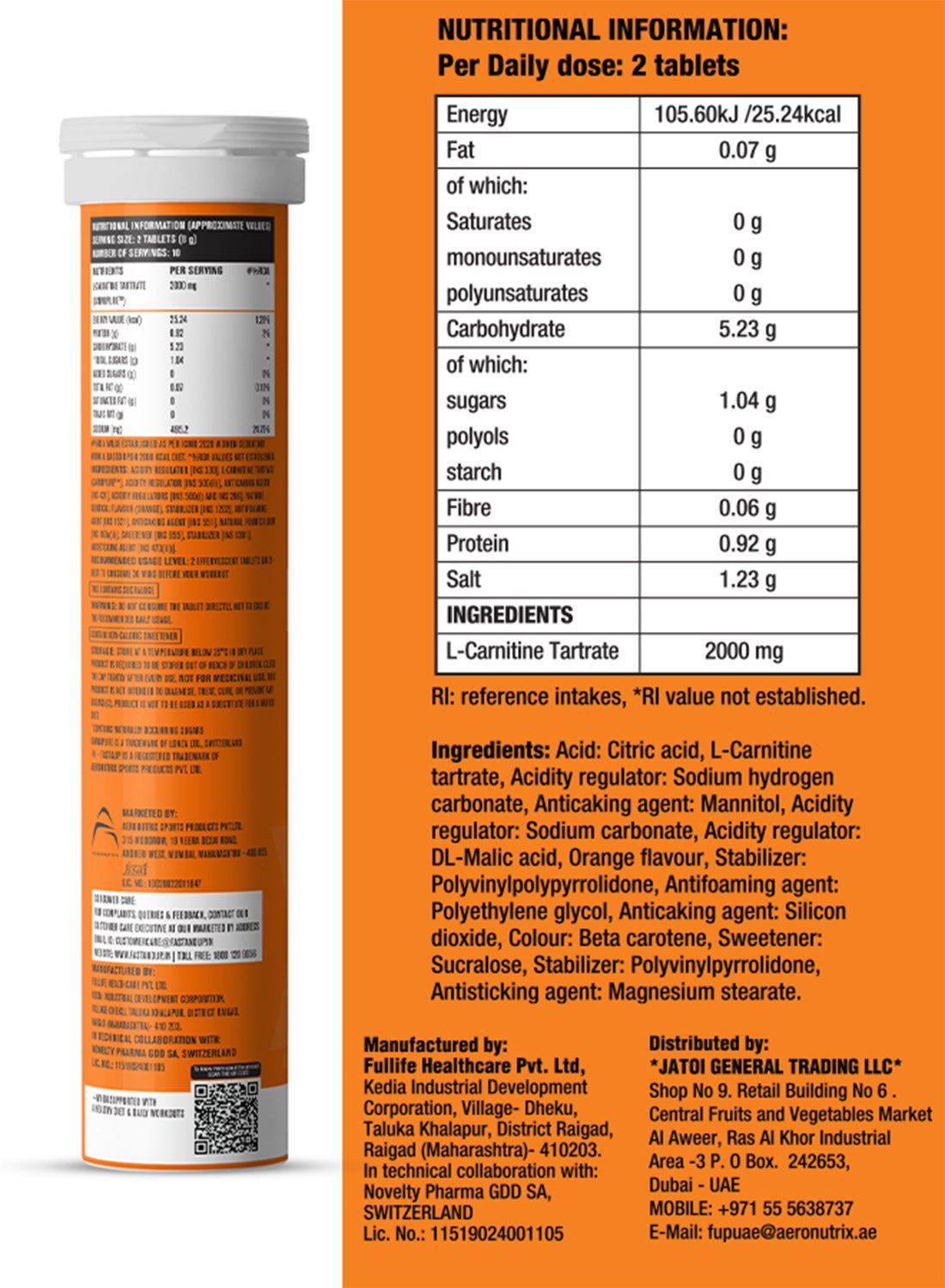 Fast&Up L-Carnitine Orange Effervescent Tablets 2000mg 20'S