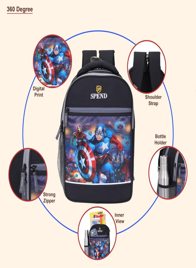 SPEND Boys' Black Superhero Backpack with Captain America, Thor & Iron Man Print - 15-Inch Durable School Bag with Strong Zipper, Bottle Holder & Adjustable Straps for Kids & Everyday Use - Image 2
