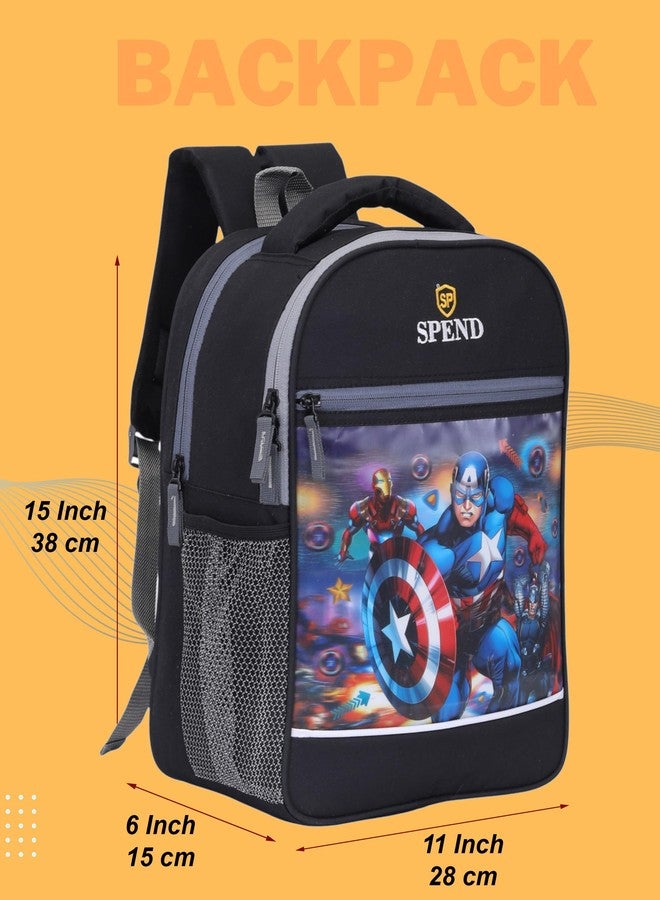 SPEND Boys' Black Superhero Backpack with Captain America, Thor & Iron Man Print - 15-Inch Durable School Bag with Strong Zipper, Bottle Holder & Adjustable Straps for Kids & Everyday Use - Image 4