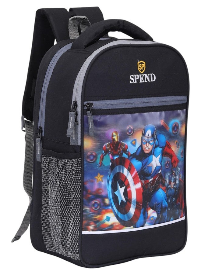 SPEND Boys' Black Superhero Backpack with Captain America, Thor & Iron Man Print - 15-Inch Durable School Bag with Strong Zipper, Bottle Holder & Adjustable Straps for Kids & Everyday Use - Image 3