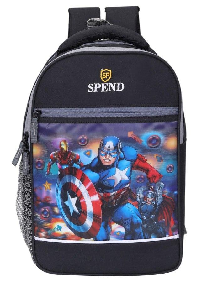 SPEND Boys' Black Superhero Backpack with Captain America, Thor & Iron Man Print - 15-Inch Durable School Bag with Strong Zipper, Bottle Holder & Adjustable Straps for Kids & Everyday Use - Image 1